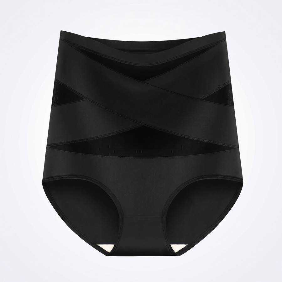 The Nestled Wrap — seamless postpartum shaping slip, studio product photo, black